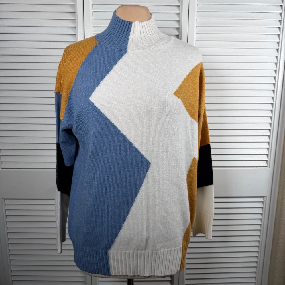 Cyrus‎ Colorblock Mock Neck Sweater M Blue White Mustard Soft Knit NWT